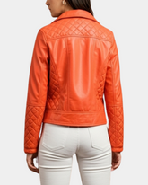 Women Leather Biker Jacket with Quilt Detail Blissful Orange